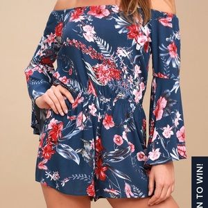 Price drop!Navy Blue Print Off-the-Shoulder Romper